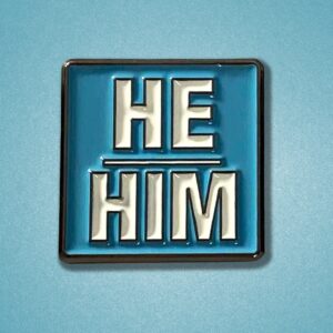 He / Him Pronoun Pin Badge Bright Blue Square