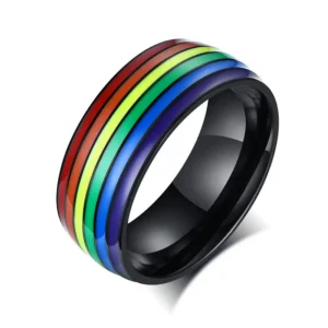 a rainbow colored ring with black rim